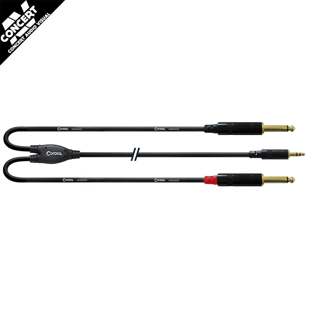 CORDIAL Essentials REAN Plug 3.5mm Stereo Gold to 2x Plug 6.3mm Mono Gold - Long Pigtail Side (3m)